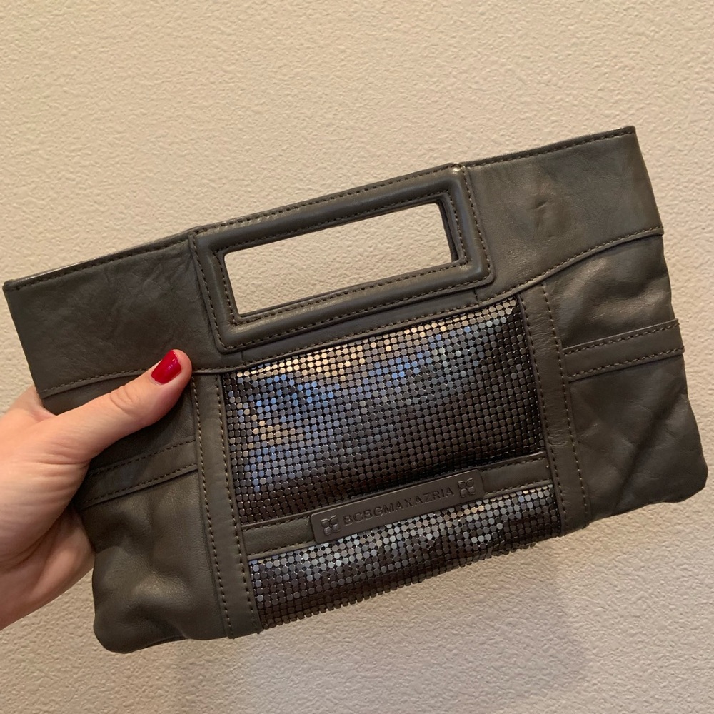 BCBGMaxAzria Silver & Grey Leather Clutch Purse